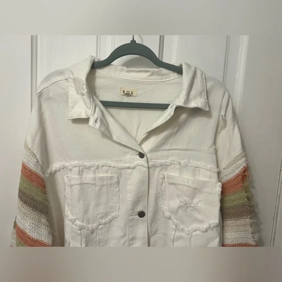 POL Crochet Sleeve White Boho Denim Relaxed Fit Lightweight Distressed Jacket - Picture 2 of 8